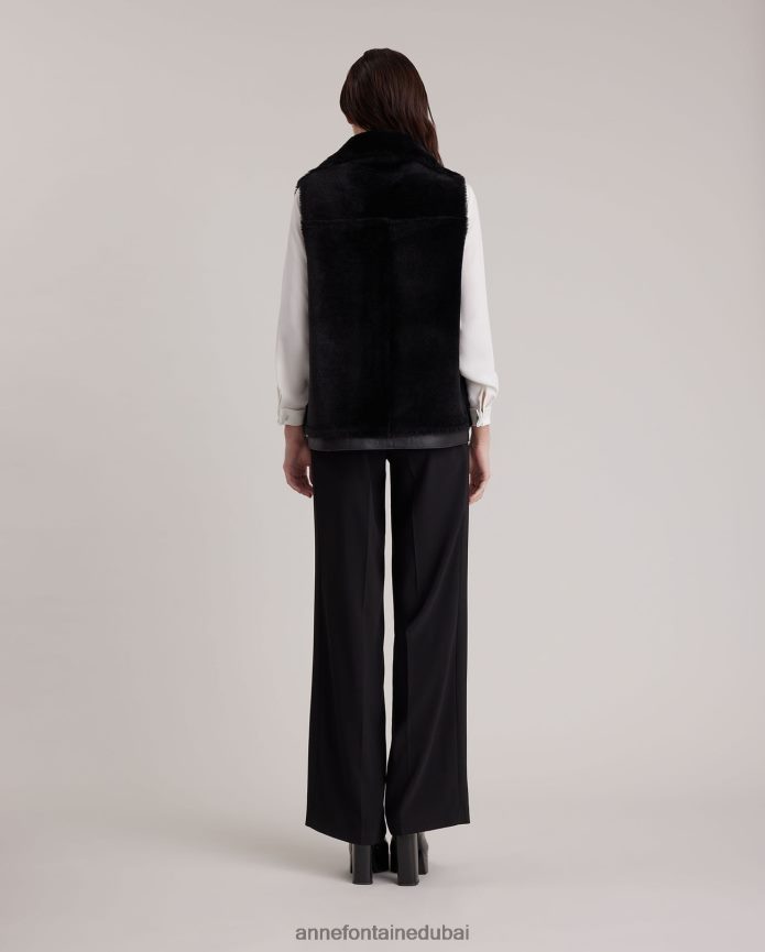 ملابس عبد اللطيف Anne Fontaine نحيف سترة المجتمع سترة من الجلد والصوف ذات وجهين مع ياقة وسحابات مكشوفة فضة T622DL429