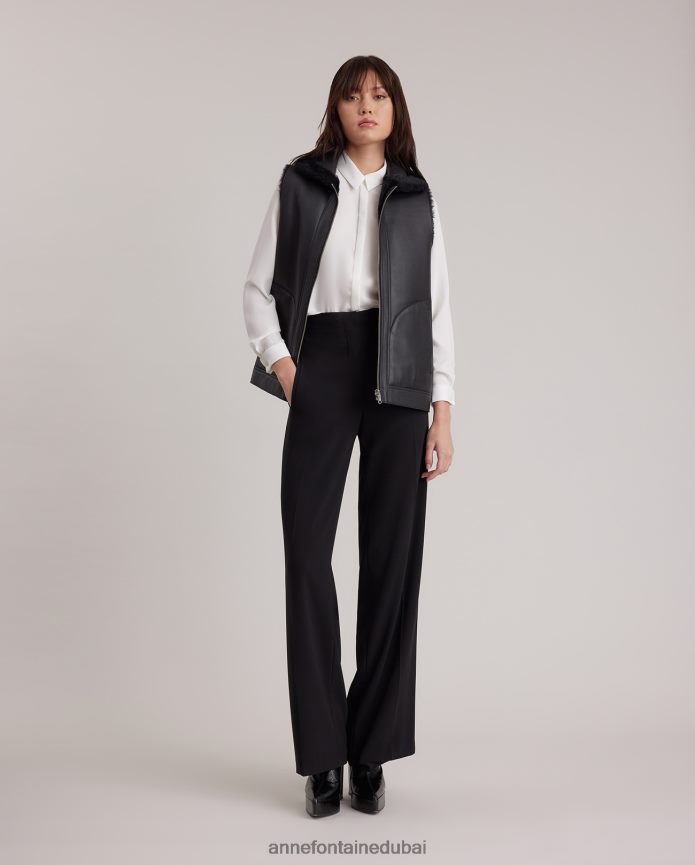 ملابس عبد اللطيف Anne Fontaine نحيف سترة المجتمع سترة من الجلد والصوف ذات وجهين مع ياقة وسحابات مكشوفة فضة T622DL429