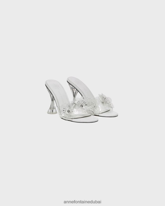 أحذية عبد اللطيف Anne Fontaine نحيف صندل جلدي بكعب أيالا مع حزام أمامي شفاف وتفاصيل زهور من حجر الراين أبيض T622DL43