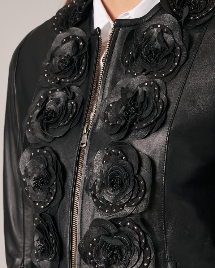 ملابس عبد اللطيف Anne Fontaine نحيف سترة لورينا سترة جلدية مع زهور أمامية أسود T622DL432