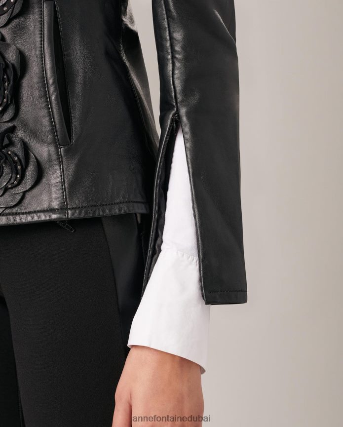 ملابس عبد اللطيف Anne Fontaine نحيف سترة لورينا سترة جلدية مع زهور أمامية أسود T622DL432