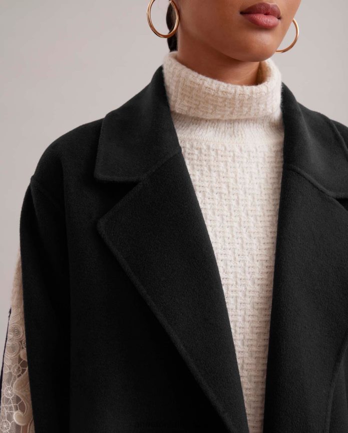 ملابس عبد اللطيف Anne Fontaine نحيف معطف جاليري طويل من الصوف بصفين من الصدر وأكمام بسحاب وحزام للخصر أسود T622DL434