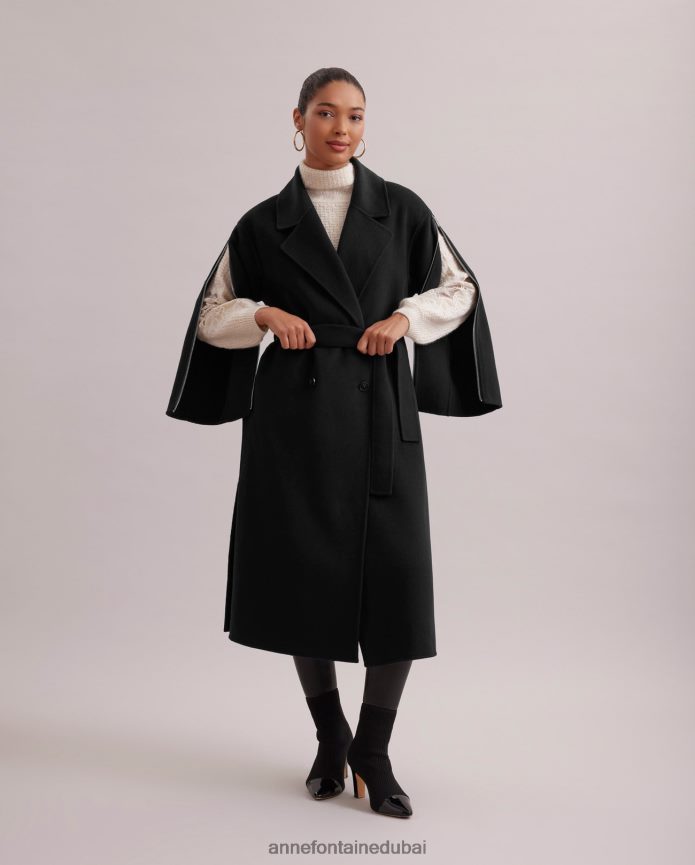 ملابس عبد اللطيف Anne Fontaine نحيف معطف جاليري طويل من الصوف بصفين من الصدر وأكمام بسحاب وحزام للخصر أسود T622DL434