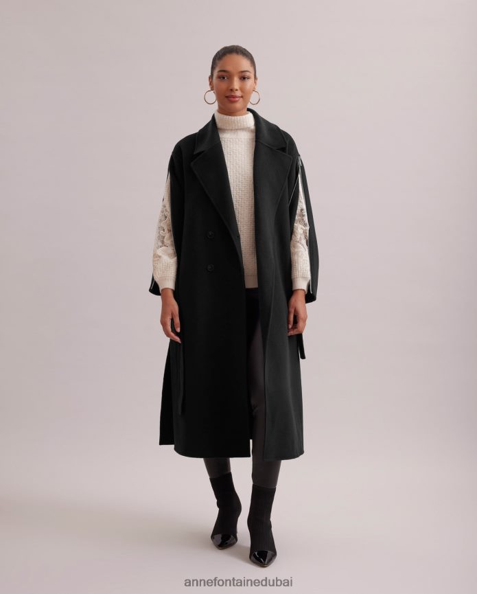 ملابس عبد اللطيف Anne Fontaine نحيف معطف جاليري طويل من الصوف بصفين من الصدر وأكمام بسحاب وحزام للخصر أسود T622DL434
