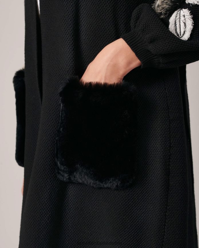 ملابس عبد اللطيف Anne Fontaine نحيف كارديجان شدا كارديجان متماسك بأكمام واسعة وتفاصيل فرو زهرية أسود T622DL435