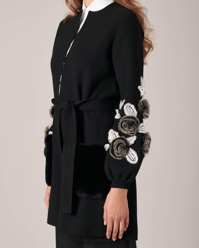 ملابس عبد اللطيف Anne Fontaine نحيف كارديجان شدا كارديجان متماسك بأكمام واسعة وتفاصيل فرو زهرية أسود T622DL435