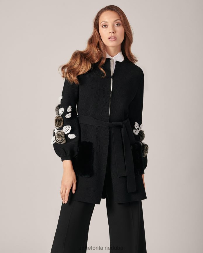 ملابس عبد اللطيف Anne Fontaine نحيف كارديجان شدا كارديجان متماسك بأكمام واسعة وتفاصيل فرو زهرية أسود T622DL435