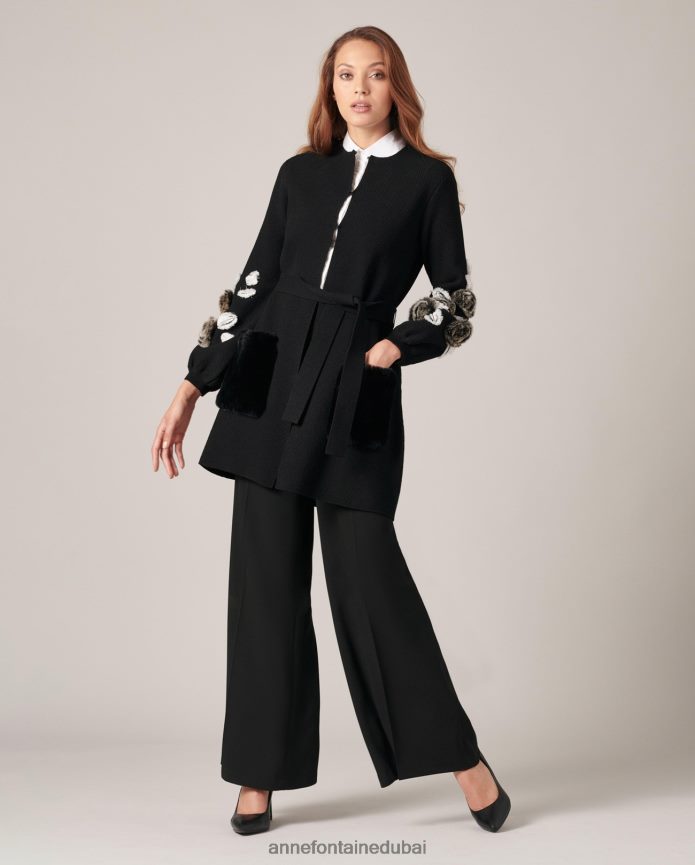 ملابس عبد اللطيف Anne Fontaine نحيف كارديجان شدا كارديجان متماسك بأكمام واسعة وتفاصيل فرو زهرية أسود T622DL435