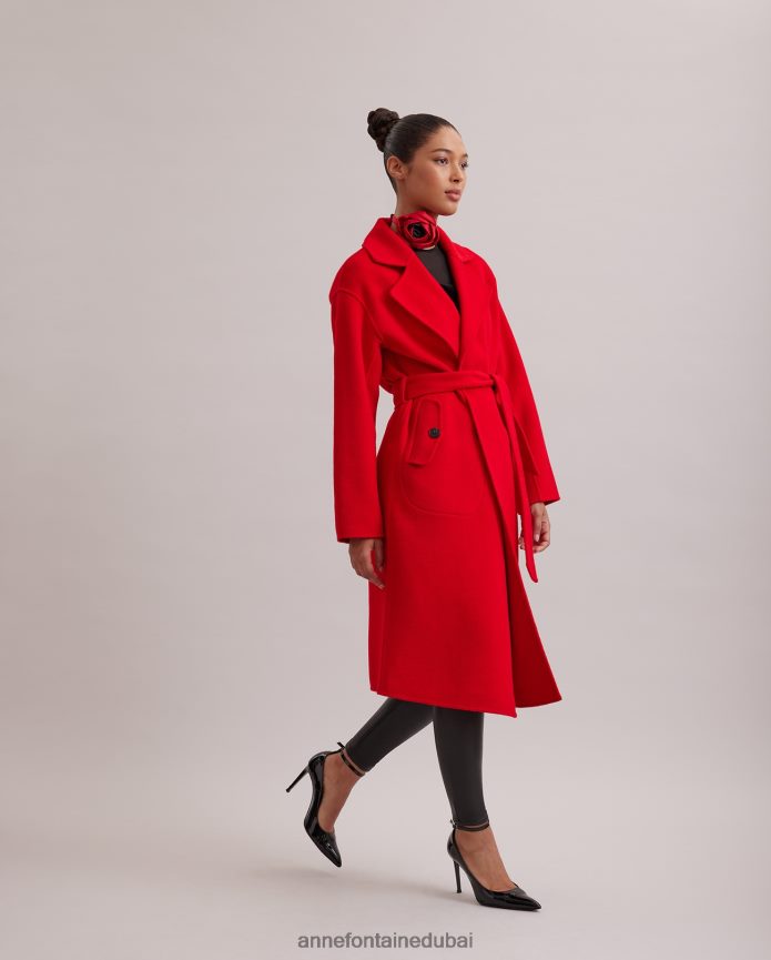 ملابس عبد اللطيف Anne Fontaine نحيف معطف ترنشكوت من كوديكس مع ياقة كبيرة مدببة وحزام خصر مربوط أحمر T622DL437