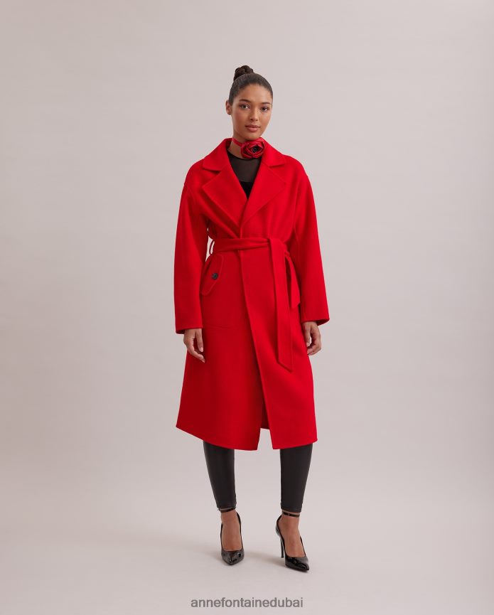 ملابس عبد اللطيف Anne Fontaine نحيف معطف ترنشكوت من كوديكس مع ياقة كبيرة مدببة وحزام خصر مربوط أحمر T622DL437