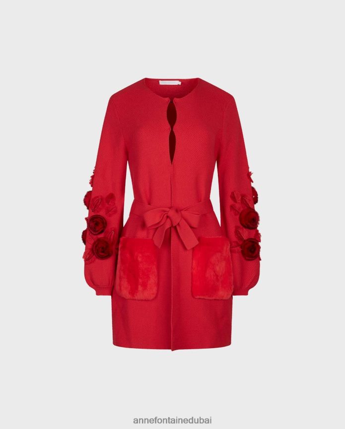 ملابس عبد اللطيف Anne Fontaine نحيف كارديجان شادا كارديجان متوسط ​​الطول بأكمام واسعة وحزام خصر أحمر T622DL438