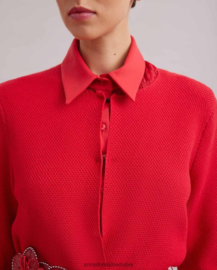 ملابس عبد اللطيف Anne Fontaine نحيف كارديجان شادا كارديجان متوسط ​​الطول بأكمام واسعة وحزام خصر أحمر T622DL438