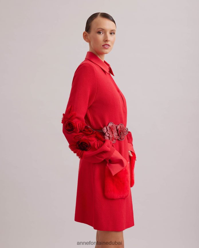 ملابس عبد اللطيف Anne Fontaine نحيف كارديجان شادا كارديجان متوسط ​​الطول بأكمام واسعة وحزام خصر أحمر T622DL438