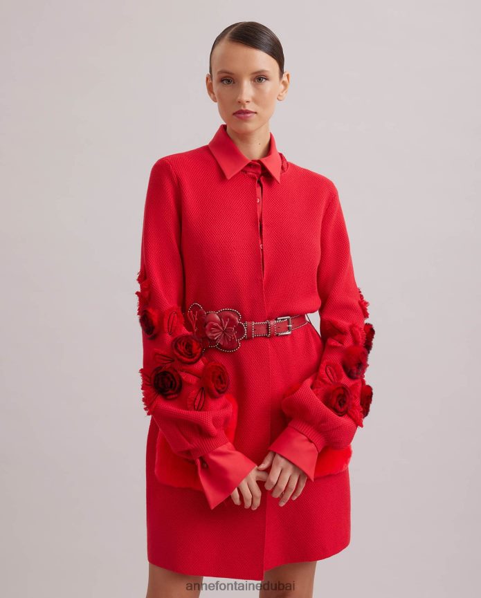 ملابس عبد اللطيف Anne Fontaine نحيف كارديجان شادا كارديجان متوسط ​​الطول بأكمام واسعة وحزام خصر أحمر T622DL438