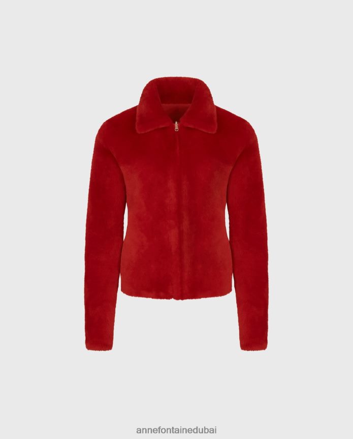 ملابس عبد اللطيف Anne Fontaine نحيف سترة وارتون شيرلينغ قابلة للعكس وسترة جلدية مع ياقة كلاسيكية أحمر T622DL439