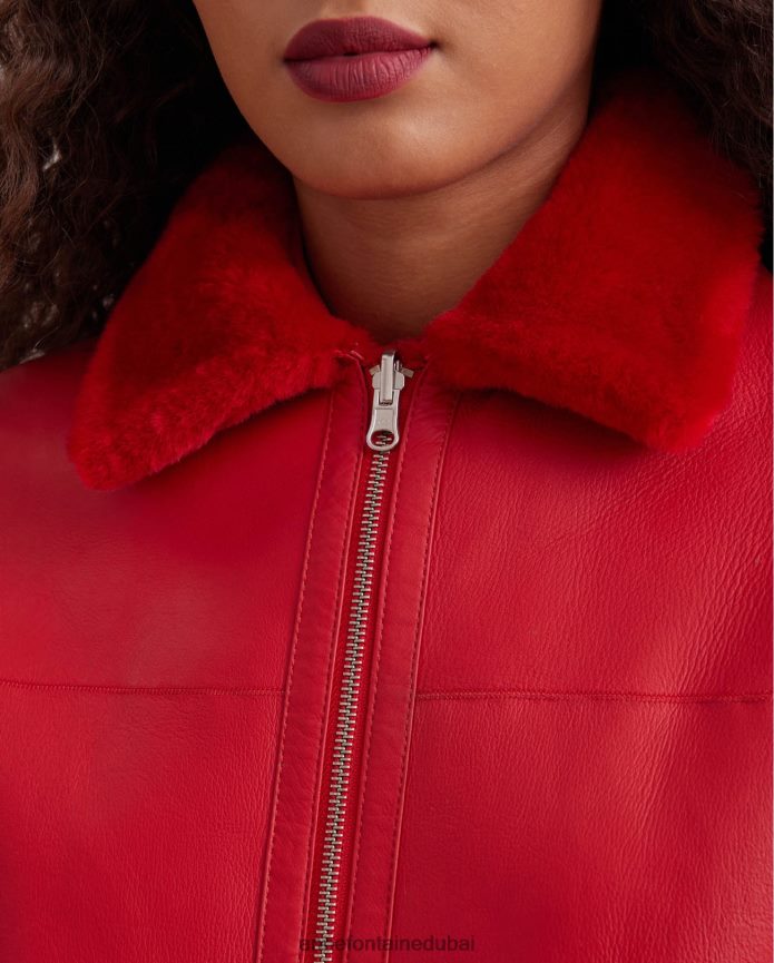 ملابس عبد اللطيف Anne Fontaine نحيف سترة وارتون شيرلينغ قابلة للعكس وسترة جلدية مع ياقة كلاسيكية أحمر T622DL439