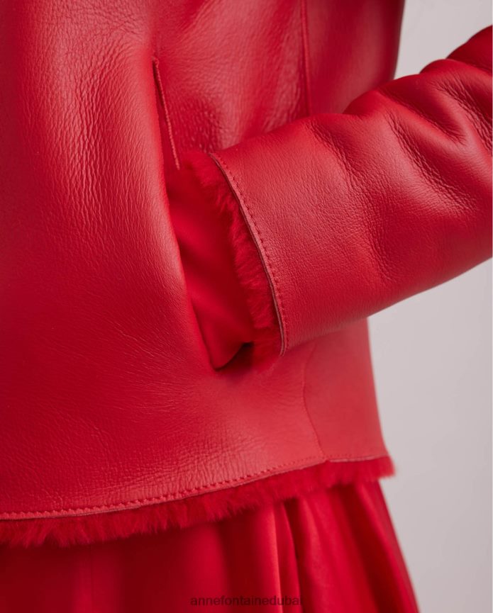 ملابس عبد اللطيف Anne Fontaine نحيف سترة وارتون شيرلينغ قابلة للعكس وسترة جلدية مع ياقة كلاسيكية أحمر T622DL439