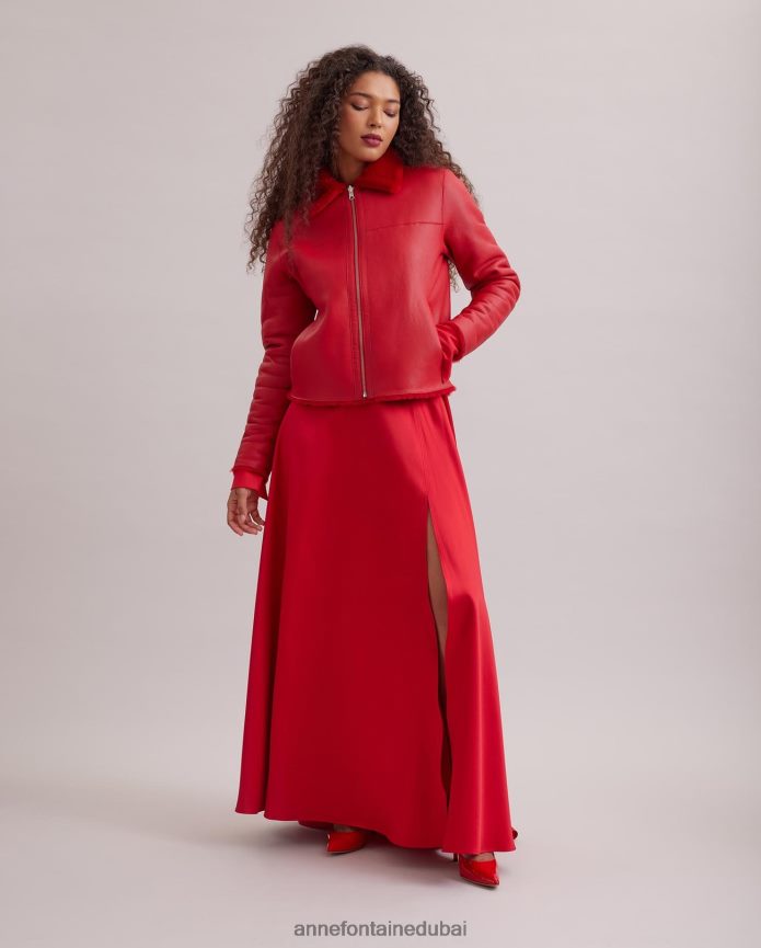 ملابس عبد اللطيف Anne Fontaine نحيف سترة وارتون شيرلينغ قابلة للعكس وسترة جلدية مع ياقة كلاسيكية أحمر T622DL439