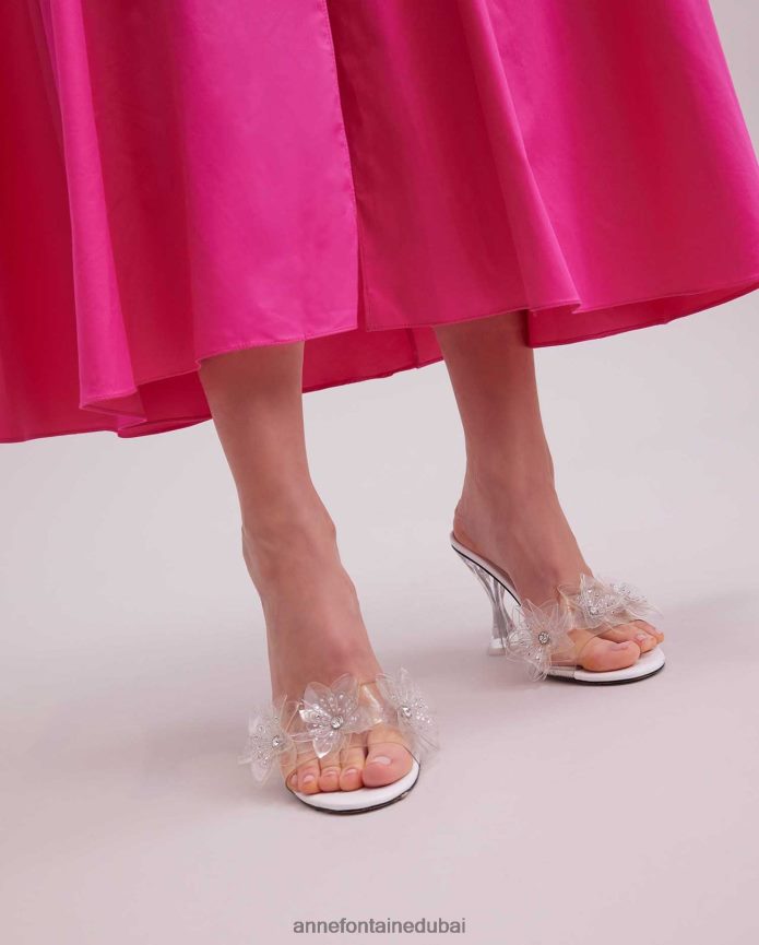 أحذية عبد اللطيف Anne Fontaine نحيف صندل جلدي بكعب أيالا مع حزام أمامي شفاف وتفاصيل زهور من حجر الراين أبيض T622DL43