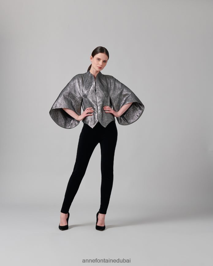 ملابس عبد اللطيف Anne Fontaine نحيف سترة سيليستا جاكار معدنية بلون رصاصي رمادي T622DL440