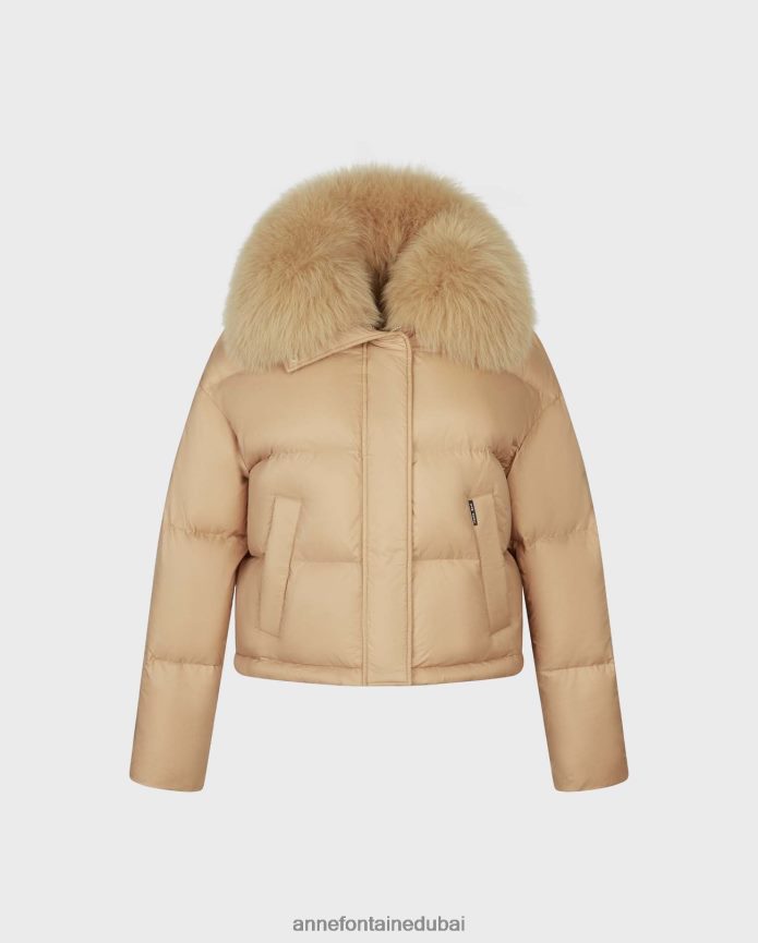 ملابس عبد اللطيف Anne Fontaine نحيف سترة رائعة مقصوصة إلى أسفل سترة منتفخة مع ياقة من الفرو الفاخر بني T622DL441