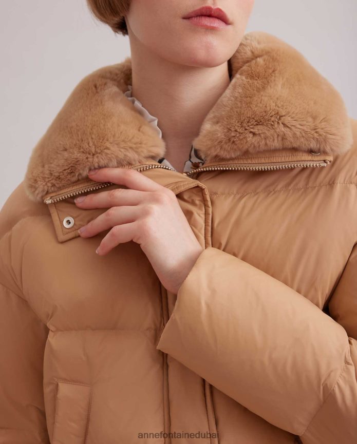 ملابس عبد اللطيف Anne Fontaine نحيف سترة رائعة مقصوصة إلى أسفل سترة منتفخة مع ياقة من الفرو الفاخر بني T622DL441