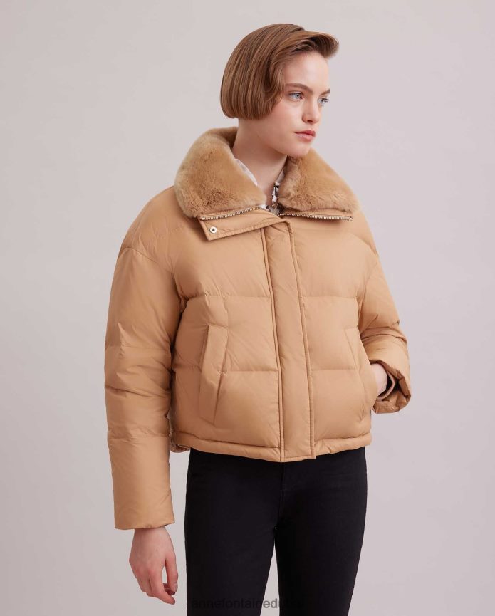 ملابس عبد اللطيف Anne Fontaine نحيف سترة رائعة مقصوصة إلى أسفل سترة منتفخة مع ياقة من الفرو الفاخر بني T622DL441