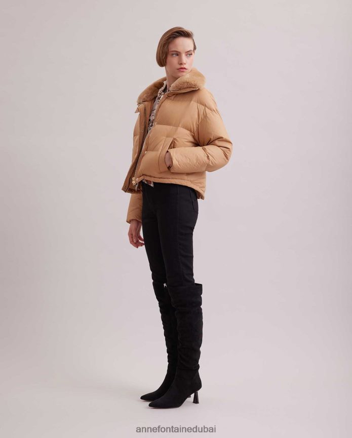 ملابس عبد اللطيف Anne Fontaine نحيف سترة رائعة مقصوصة إلى أسفل سترة منتفخة مع ياقة من الفرو الفاخر بني T622DL441