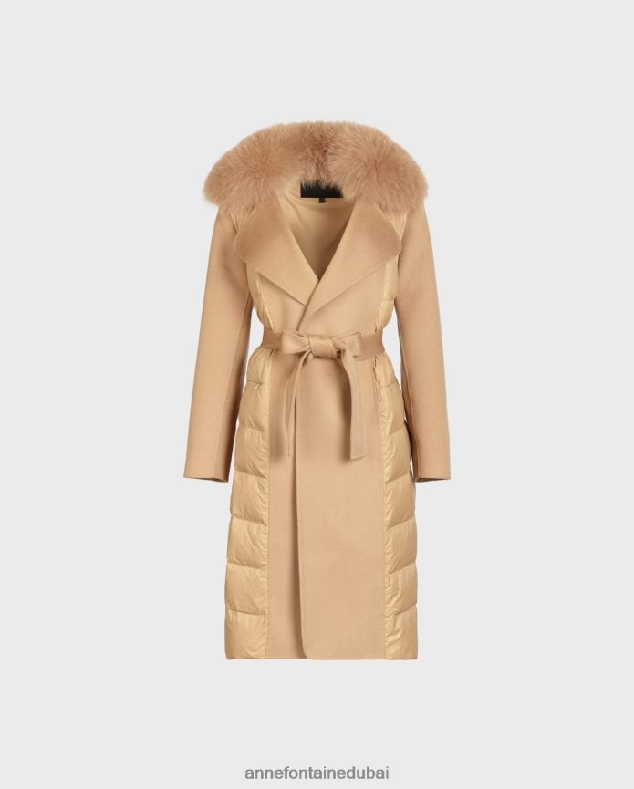 ملابس عبد اللطيف Anne Fontaine نحيف معطف منتفخ طويل مع ياقة من الفرو قابلة للإزالة وحزام خصر من الصوف بني T622DL442
