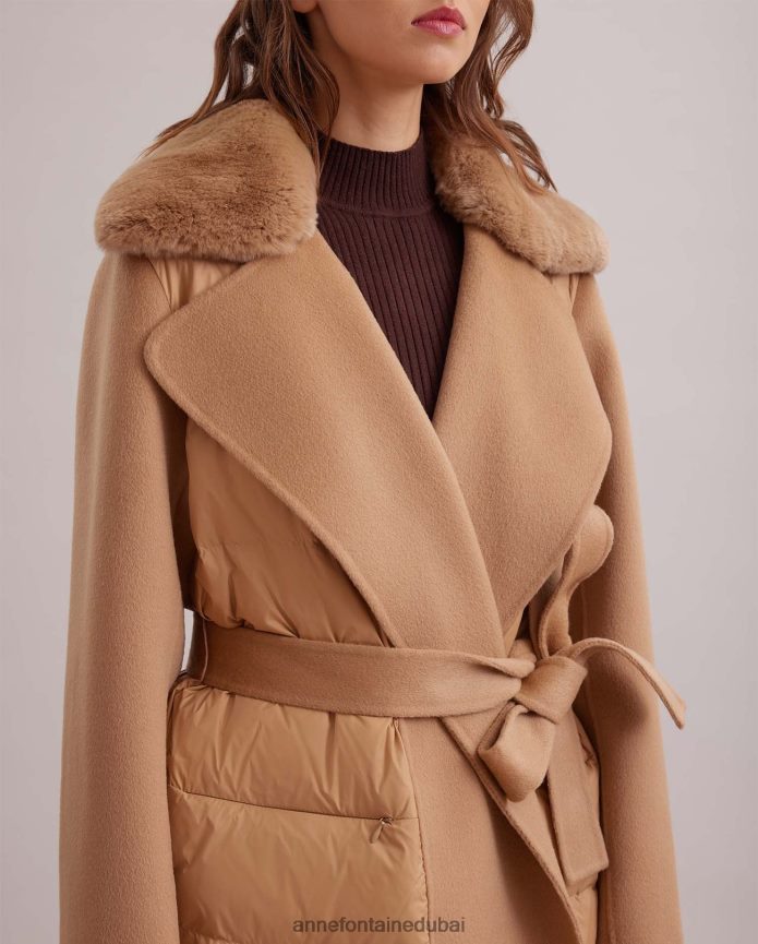 ملابس عبد اللطيف Anne Fontaine نحيف معطف منتفخ طويل مع ياقة من الفرو قابلة للإزالة وحزام خصر من الصوف بني T622DL442