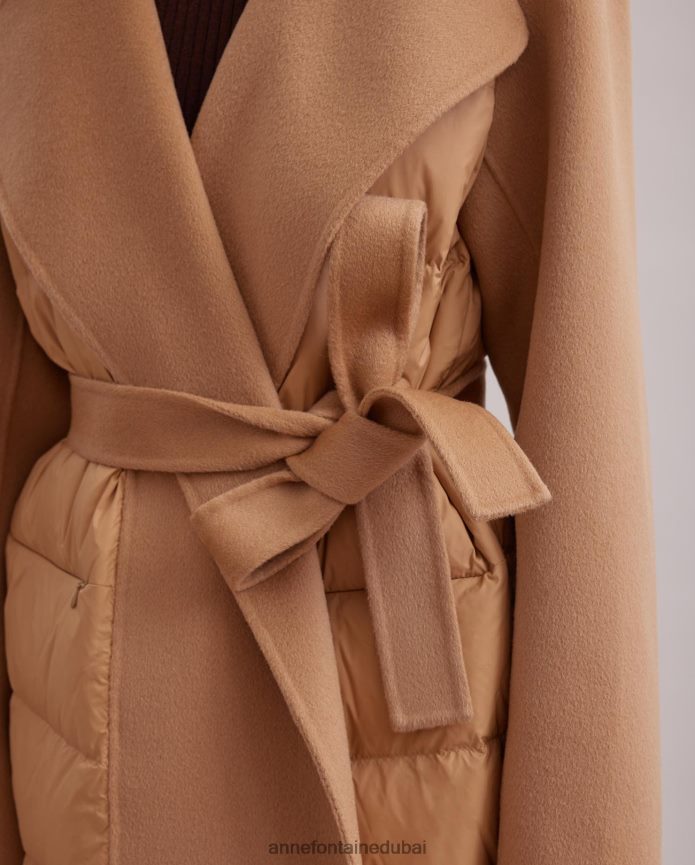 ملابس عبد اللطيف Anne Fontaine نحيف معطف منتفخ طويل مع ياقة من الفرو قابلة للإزالة وحزام خصر من الصوف بني T622DL442