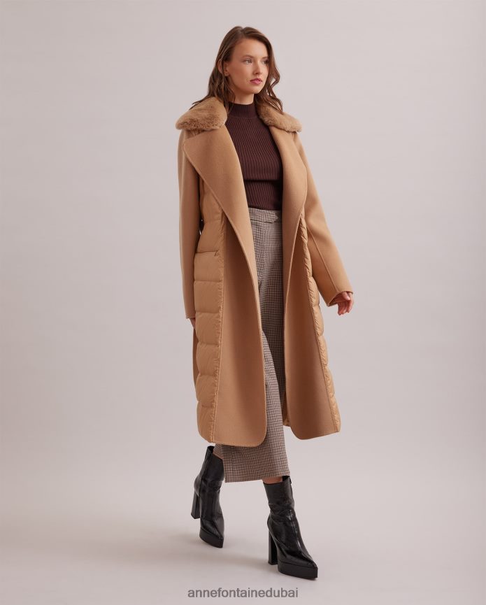 ملابس عبد اللطيف Anne Fontaine نحيف معطف منتفخ طويل مع ياقة من الفرو قابلة للإزالة وحزام خصر من الصوف بني T622DL442