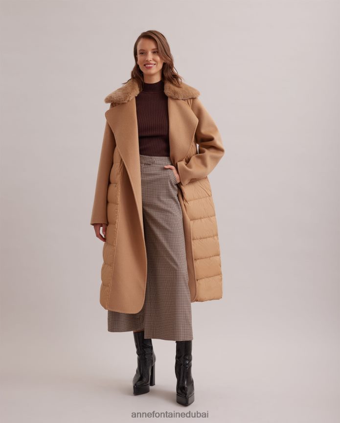 ملابس عبد اللطيف Anne Fontaine نحيف معطف منتفخ طويل مع ياقة من الفرو قابلة للإزالة وحزام خصر من الصوف بني T622DL442