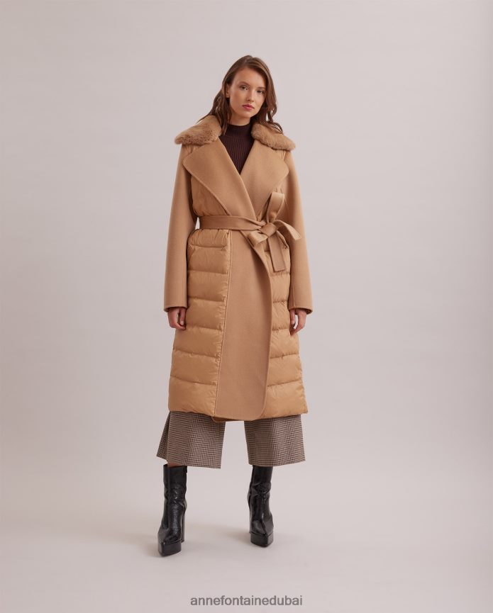 ملابس عبد اللطيف Anne Fontaine نحيف معطف منتفخ طويل مع ياقة من الفرو قابلة للإزالة وحزام خصر من الصوف بني T622DL442
