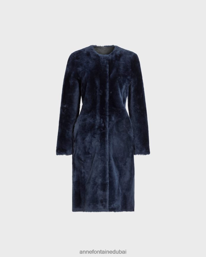 ملابس عبد اللطيف Anne Fontaine نحيف معطف روكوكو معطف فرو متوسط ​​الطول مع جلد على الجانب العكسي القوات البحرية T622DL443