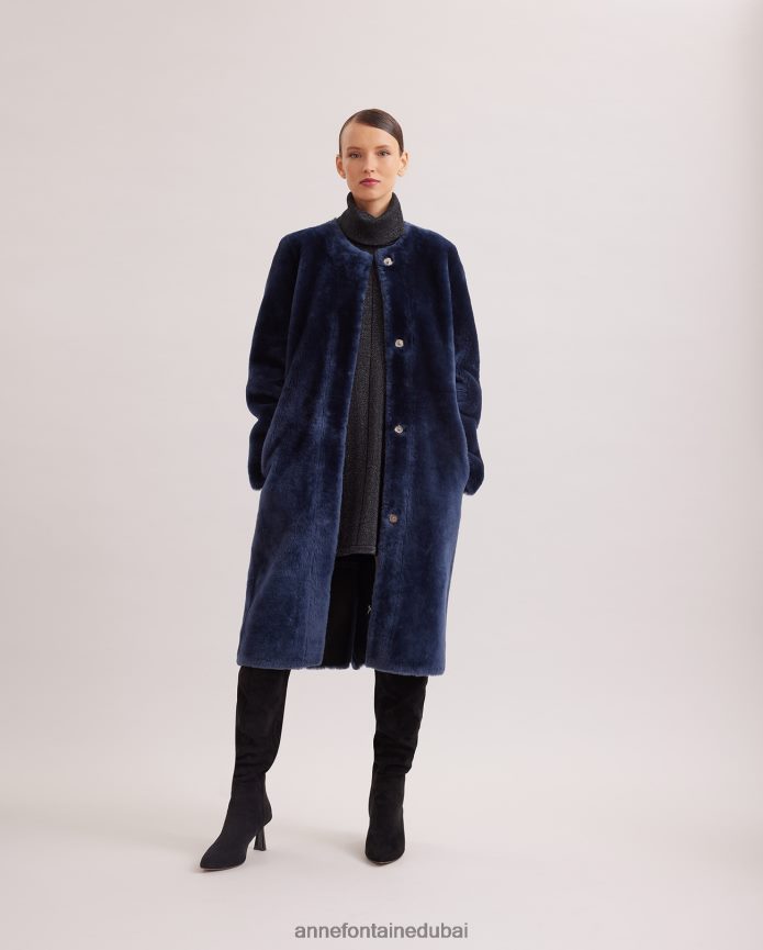 ملابس عبد اللطيف Anne Fontaine نحيف معطف روكوكو معطف فرو متوسط ​​الطول مع جلد على الجانب العكسي القوات البحرية T622DL443