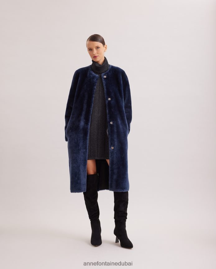 ملابس عبد اللطيف Anne Fontaine نحيف معطف روكوكو معطف فرو متوسط ​​الطول مع جلد على الجانب العكسي القوات البحرية T622DL443
