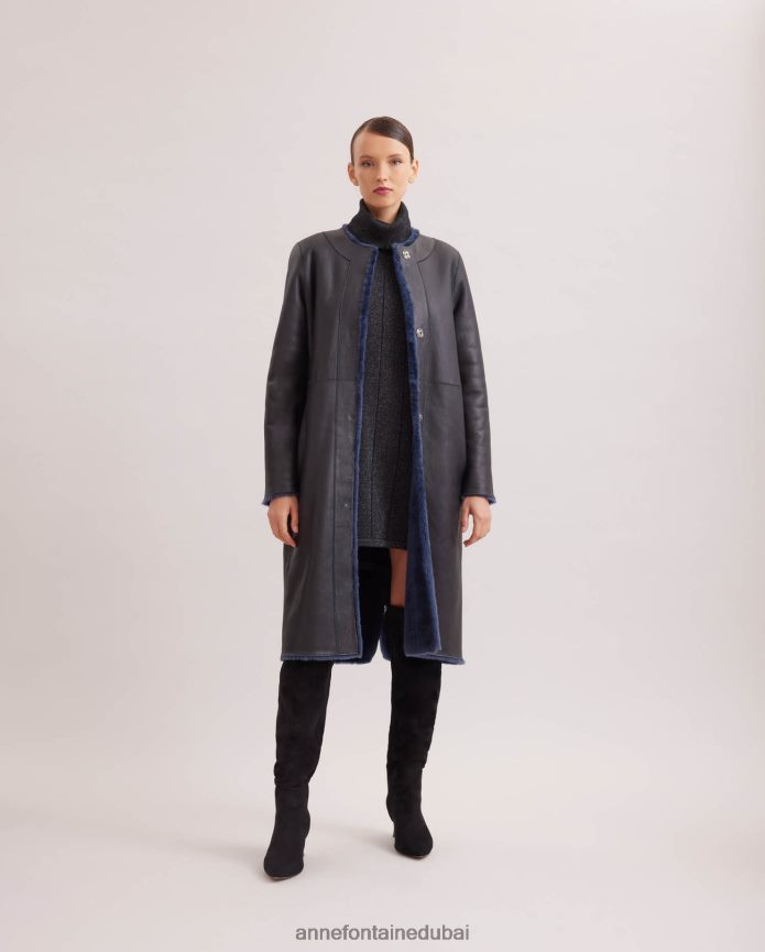 ملابس عبد اللطيف Anne Fontaine نحيف معطف روكوكو معطف فرو متوسط ​​الطول مع جلد على الجانب العكسي القوات البحرية T622DL443