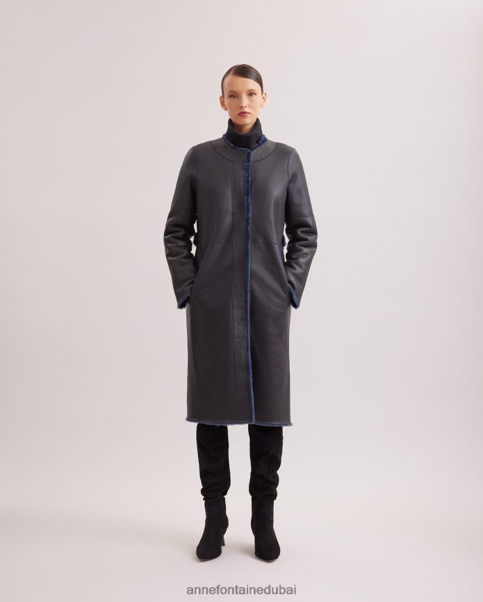 ملابس عبد اللطيف Anne Fontaine نحيف معطف روكوكو معطف فرو متوسط ​​الطول مع جلد على الجانب العكسي القوات البحرية T622DL443