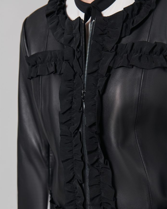 ملابس عبد اللطيف Anne Fontaine نحيف سترة كارتر سترة جلدية بدون ياقة مع زخرفة كشكشة من الحرير المضلع أسود T622DL446