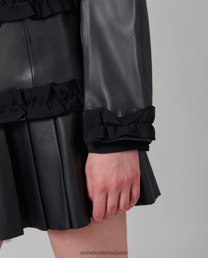 ملابس عبد اللطيف Anne Fontaine نحيف سترة كارتر سترة جلدية بدون ياقة مع زخرفة كشكشة من الحرير المضلع أسود T622DL446