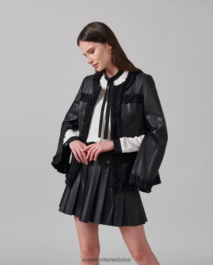 ملابس عبد اللطيف Anne Fontaine نحيف سترة كارتر سترة جلدية بدون ياقة مع زخرفة كشكشة من الحرير المضلع أسود T622DL446