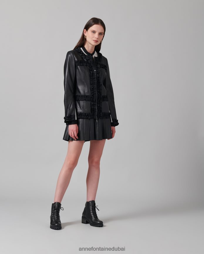 ملابس عبد اللطيف Anne Fontaine نحيف سترة كارتر سترة جلدية بدون ياقة مع زخرفة كشكشة من الحرير المضلع أسود T622DL446
