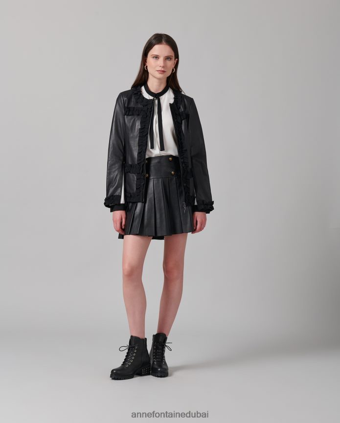 ملابس عبد اللطيف Anne Fontaine نحيف سترة كارتر سترة جلدية بدون ياقة مع زخرفة كشكشة من الحرير المضلع أسود T622DL446