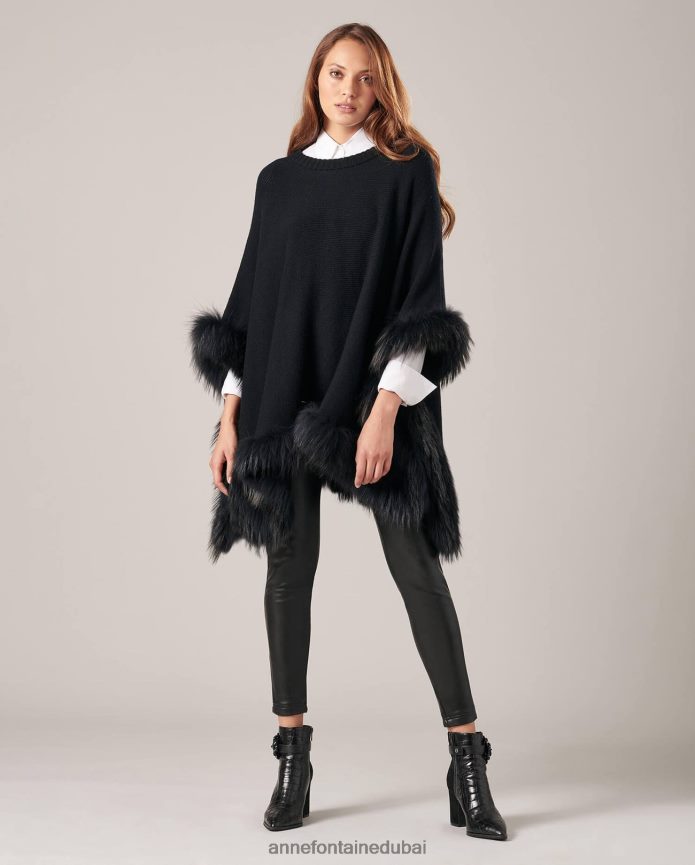 ملابس عبد اللطيف Anne Fontaine نحيف معطف لويك محبوك مع زخرفة من الفرو أسود T622DL447