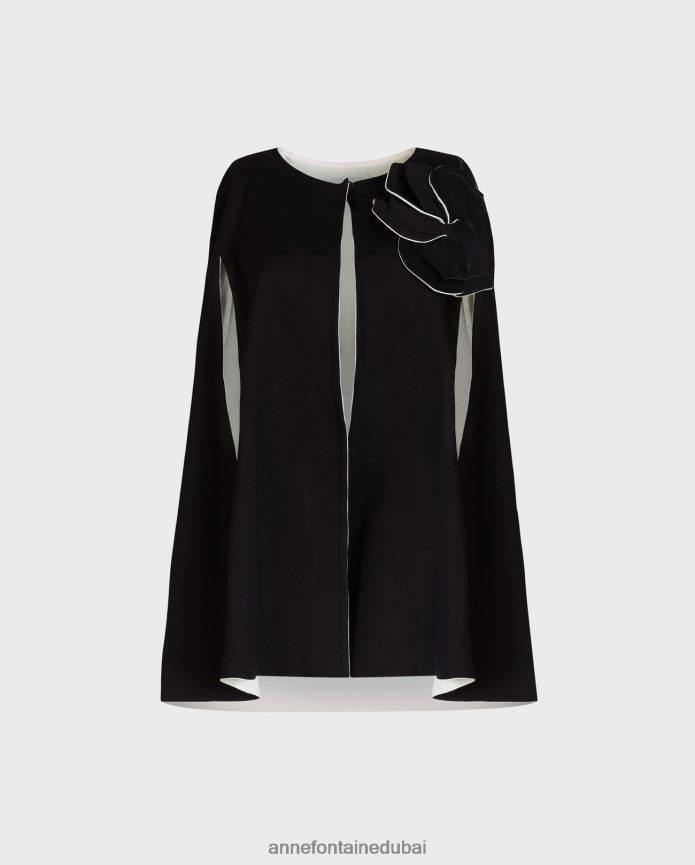 ملابس عبد اللطيف Anne Fontaine نحيف مانولو كيب ميلانو مع فتحات فتحة الذراع ودبوس زهرة قابل للإزالة أسود T622DL453