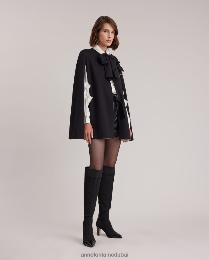 ملابس عبد اللطيف Anne Fontaine نحيف مانولو كيب ميلانو مع فتحات فتحة الذراع ودبوس زهرة قابل للإزالة أسود T622DL453