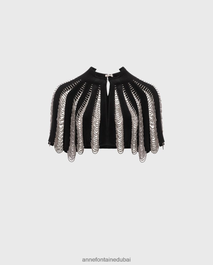 ملابس عبد اللطيف Anne Fontaine نحيف نيرا الرأس الحرير الرأس مع الديكور الفضة السوداء T622DL454