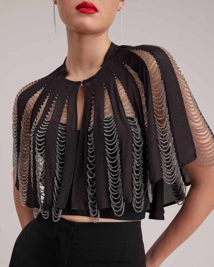 ملابس عبد اللطيف Anne Fontaine نحيف نيرا الرأس الحرير الرأس مع الديكور الفضة السوداء T622DL454