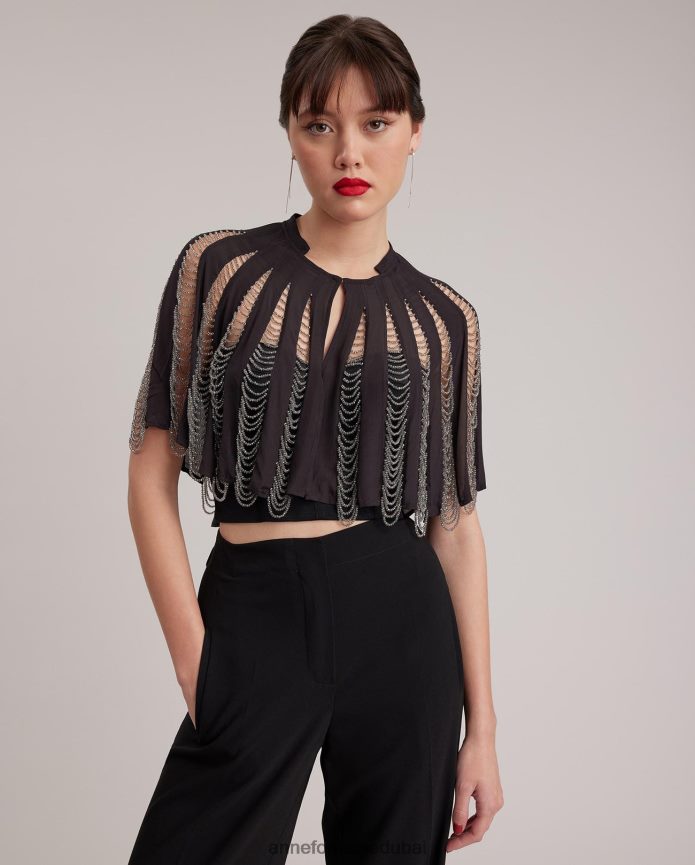 ملابس عبد اللطيف Anne Fontaine نحيف نيرا الرأس الحرير الرأس مع الديكور الفضة السوداء T622DL454